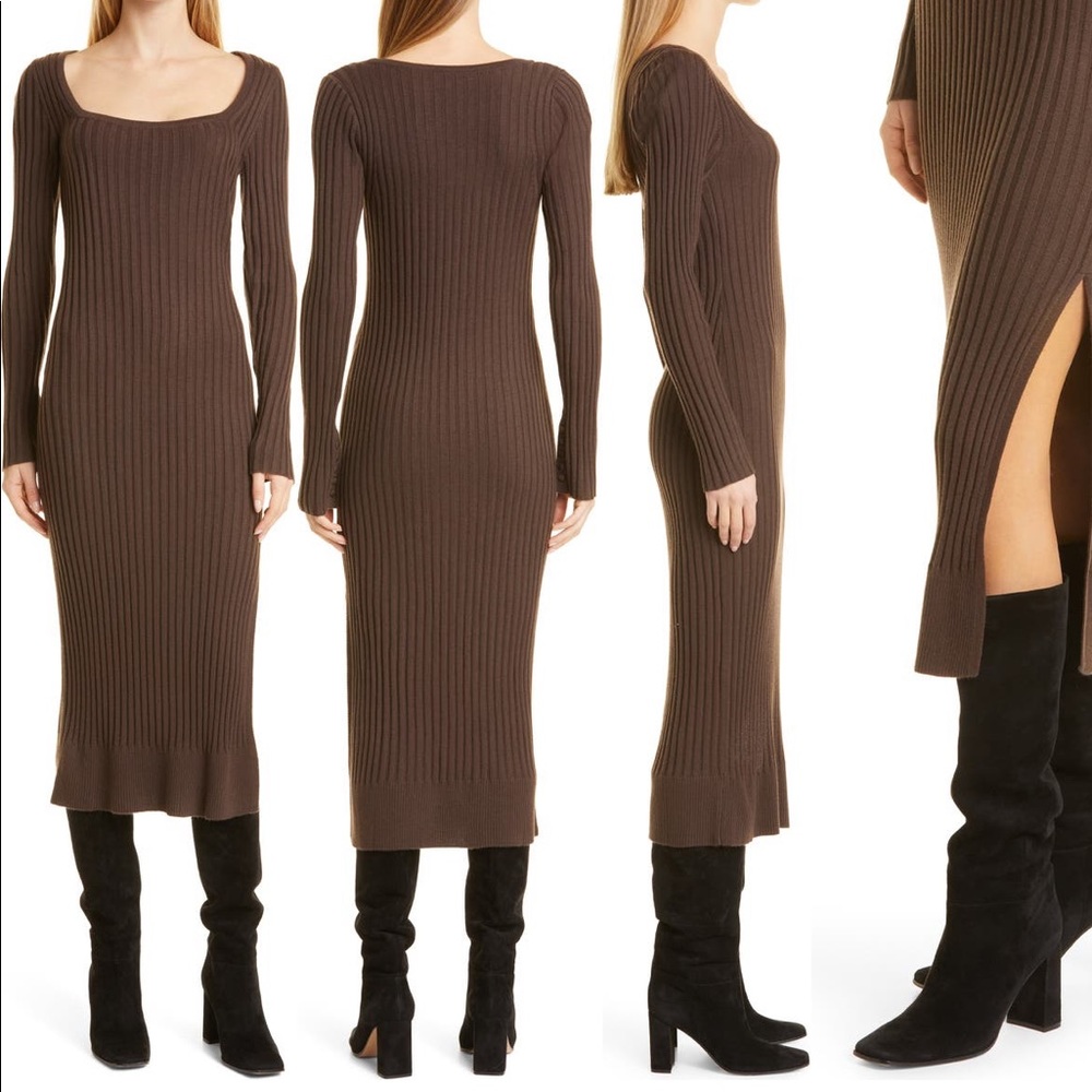 Paige Long Sleeve Rib Sweater Dress in Brown XS